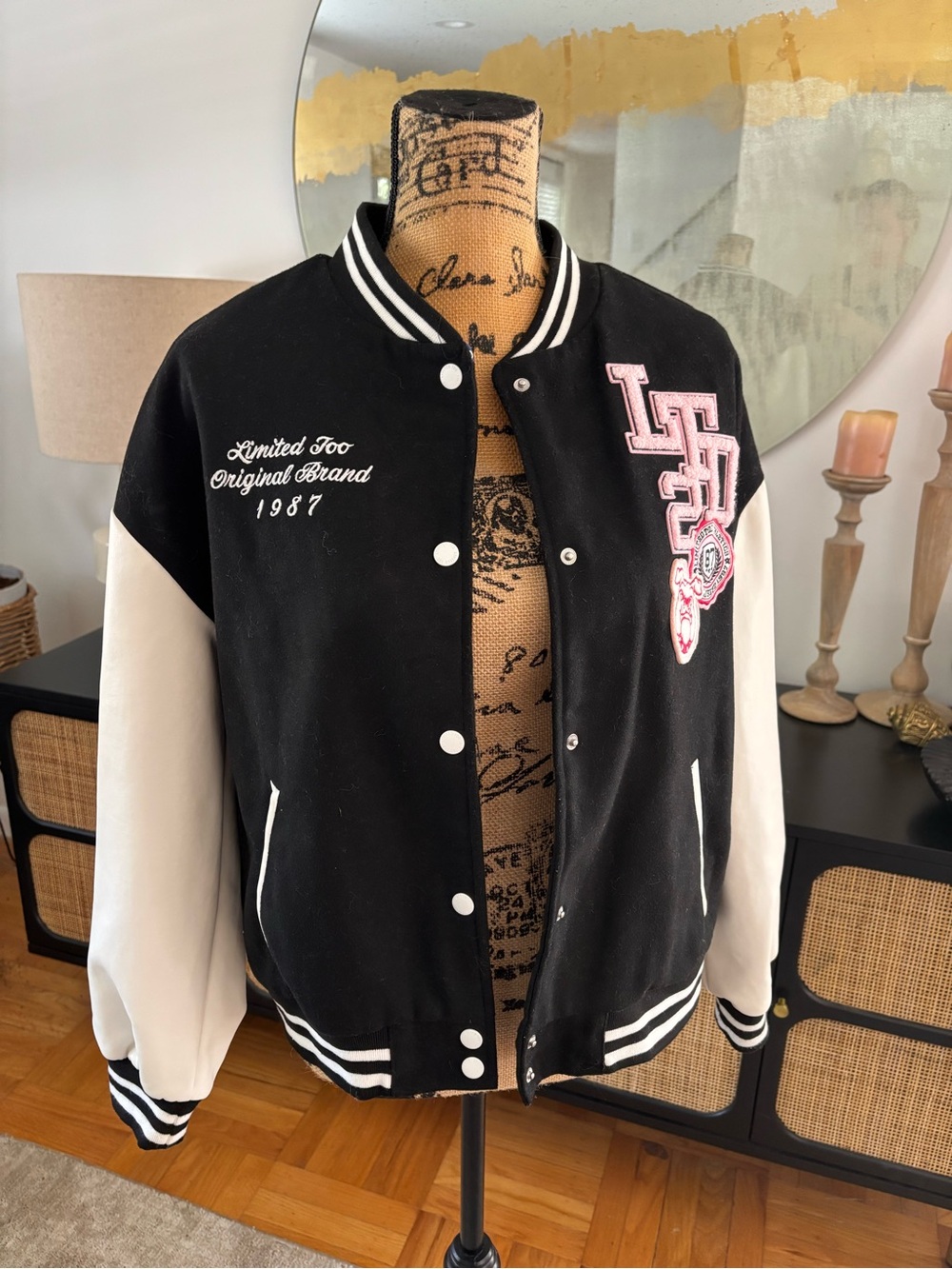 Limited Too Black & Cream Letterman Varsity Jacket with Pink Patch
